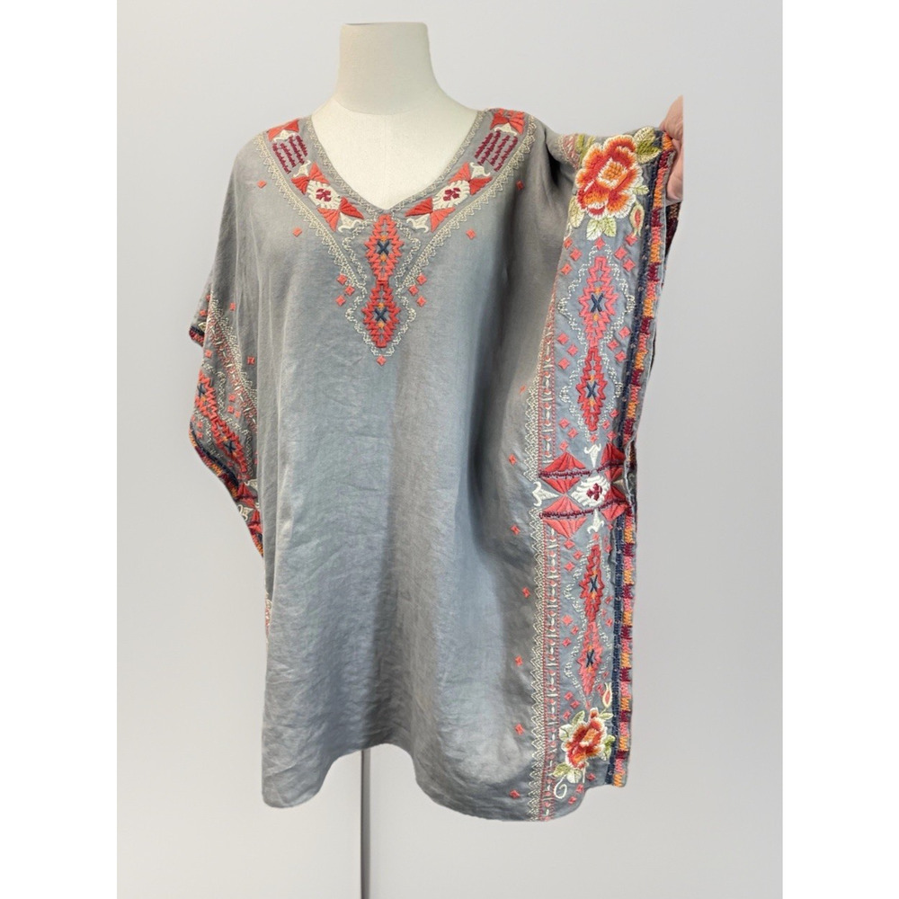 Johnny Was Tunic Dress Gray Linen Floral Geometric Embroidered Small Boho